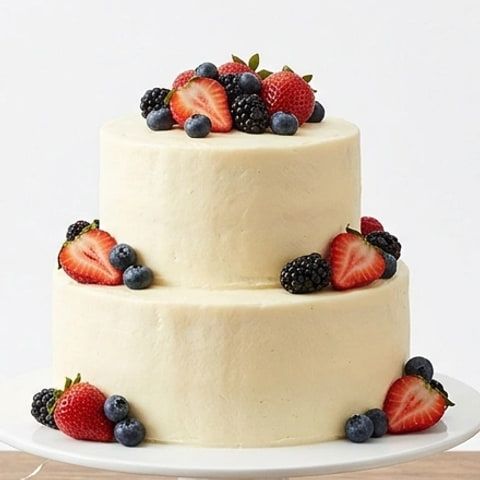 A two-tier cake topped with strawberries, blueberries and blackberries
