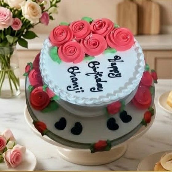 A round cream cake crowned with red piped roses, more roses around its base, on a raised cake stand