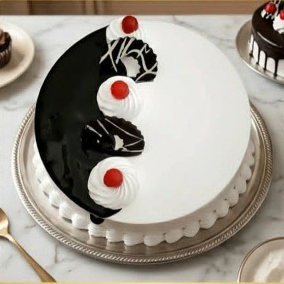 A round cake glazed dark chocolate on one side and plain white cream on the other, with three cream swirls topped with cherries
