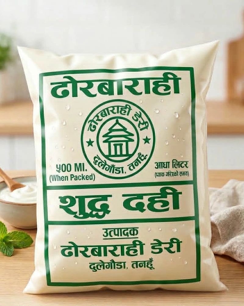 A sealed half-litre sachet of Dhorbarahi Dairy dahi, printed in green Nepali lettering with the temple seal, beside a bowl of set curd
