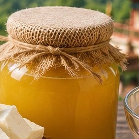 A jar of golden ghee with a cloth-covered lid