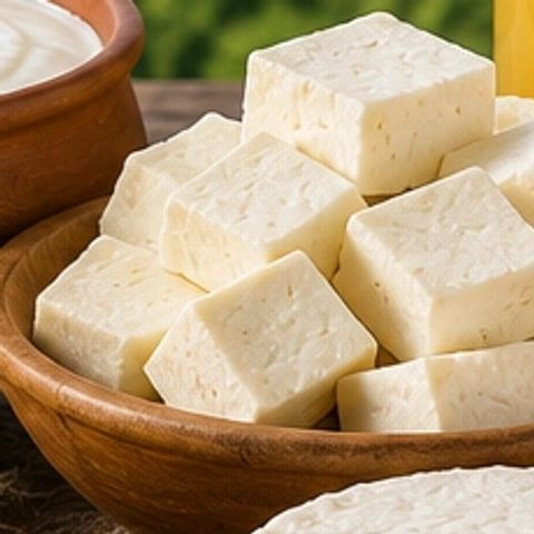 Cubes of fresh paneer in a wooden bowl